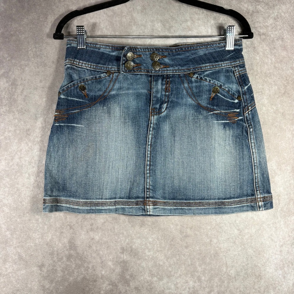 Vintage Joujou Denim Skirt Women 7/8 Blue Mini Low Rise Embroidered Y2K Whisker